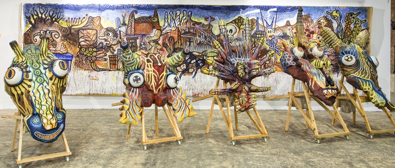 PANTOPOS Mural 2008 and ORGAFERAS Heads 2014. Author: Marcel·lí Antúnez Roca. Photo: Carles Rodriguez.